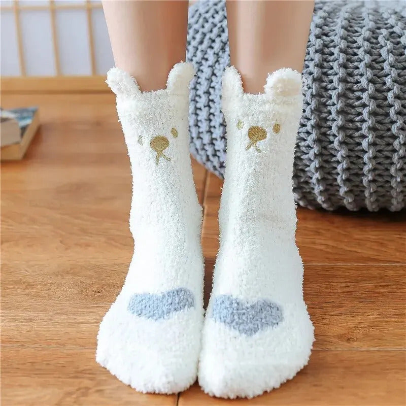 5 Pairs Warm & Fuzzy Cartoon Animal Socks, Crew Length Warm Coral Fleece Socks For Winter, Women's Stocking & Hosiery