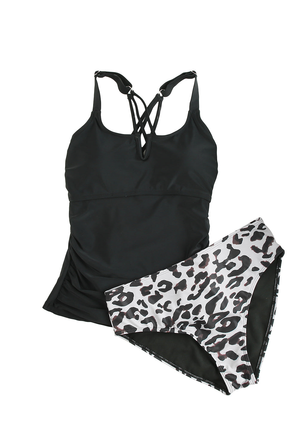 Black Leopard Notched Neck Strappy Back Tankini Swimsuit