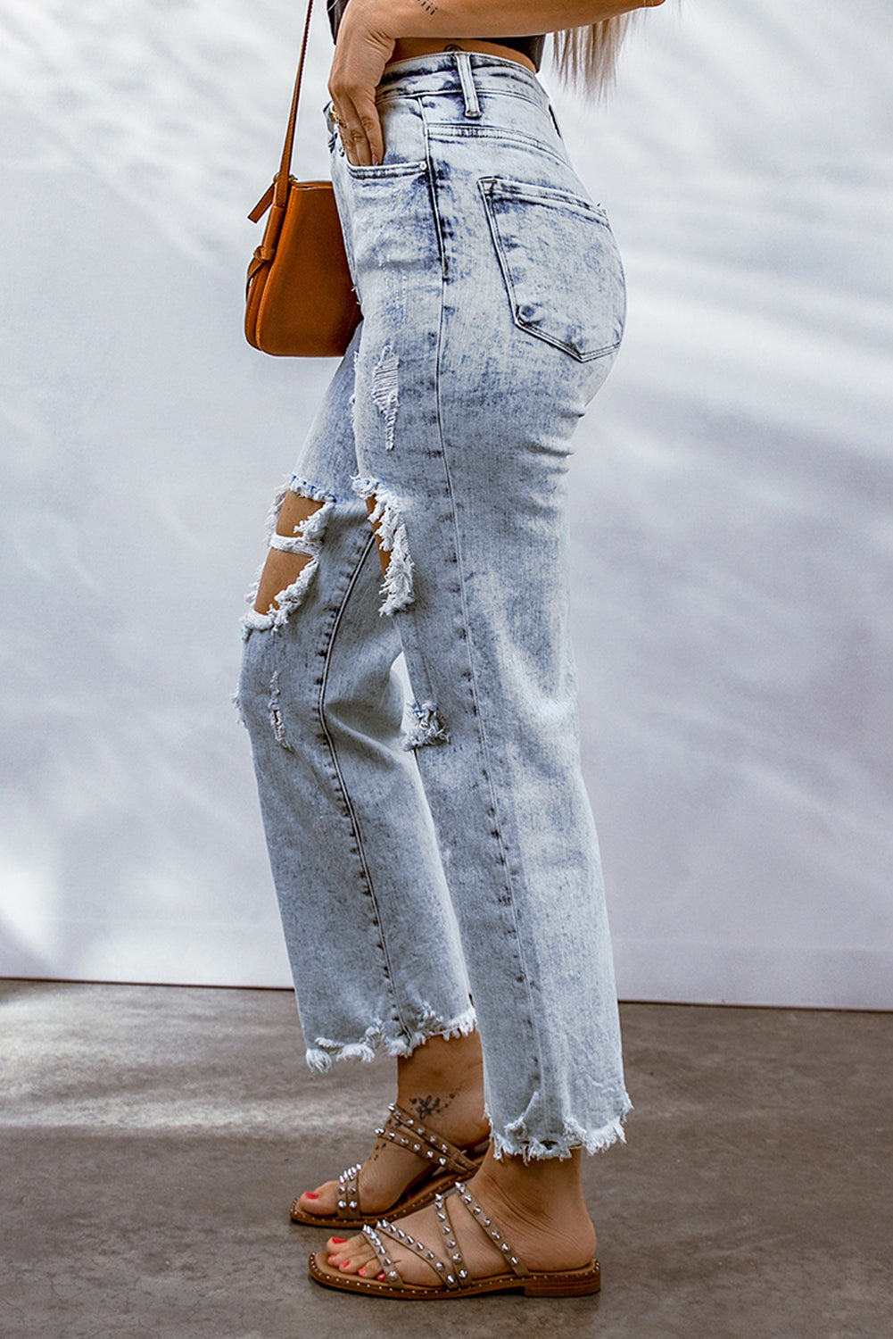 Sky Blue Hollow-out Light Washed Ripped Boyfriend Jeans