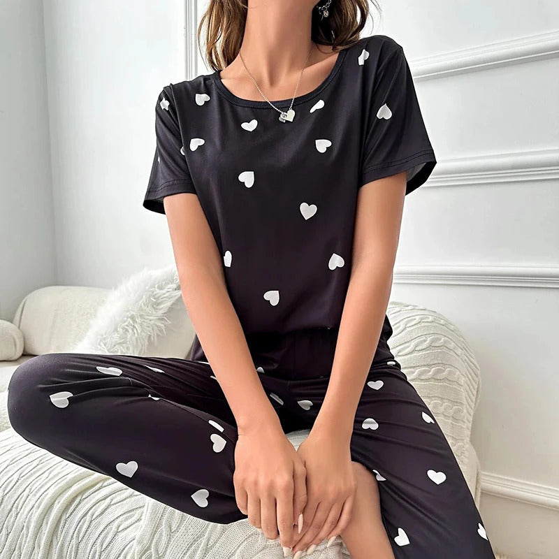 Women's Pajama Set Casual Heart print T-Shirt With Pants Sleepwear Loungewear Nightwear 2 Piece Sets Pijama Pajamas for women