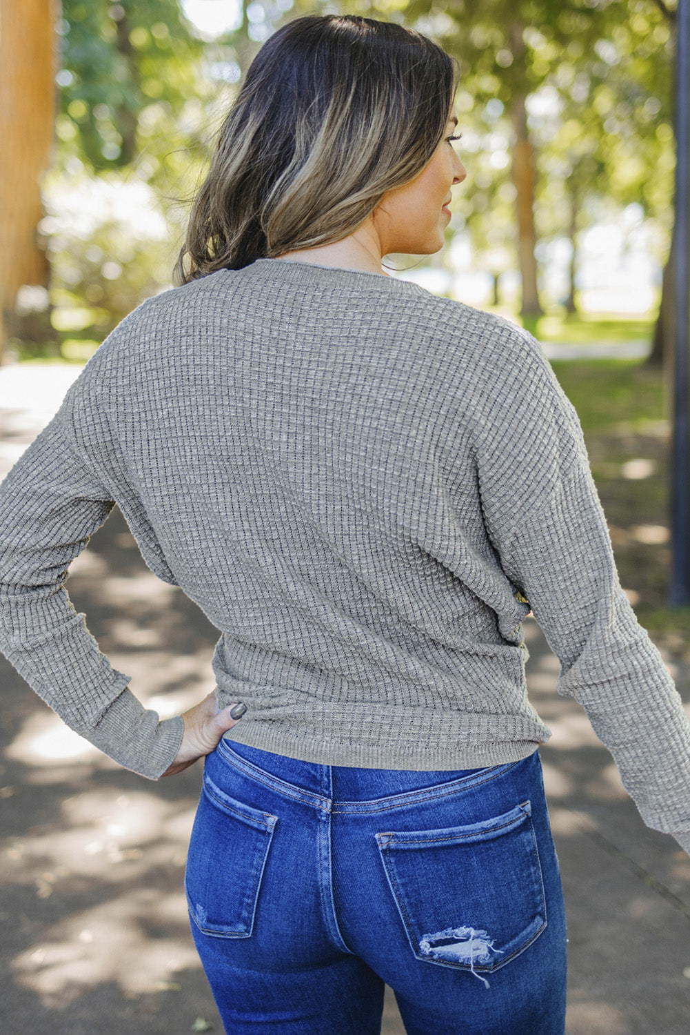 Gray Black/Pink/Gray/Khaki/Apricot  Wrap V Neck Waffle Sweater