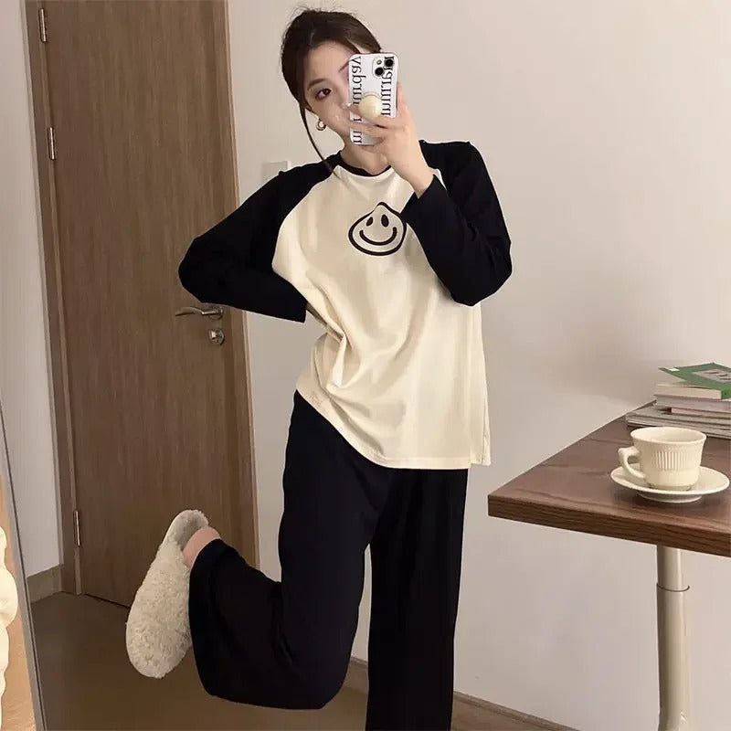 Women's Loose Round Neck Cute Kitty Homewear Pajamas Women's Simple Leisure Long Sleeve Long Pants Two-piece Suit Pajamas  Women