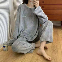 Autumn Women Solid Warm 2 Piece Sets Thicken Velvet Ribbed Fleece Set Pullover And Pants Women Casual Pajama Sets 2024