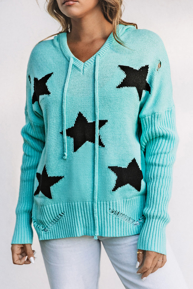 Green V Neck Star Pattern Hooded Sweater with Slits