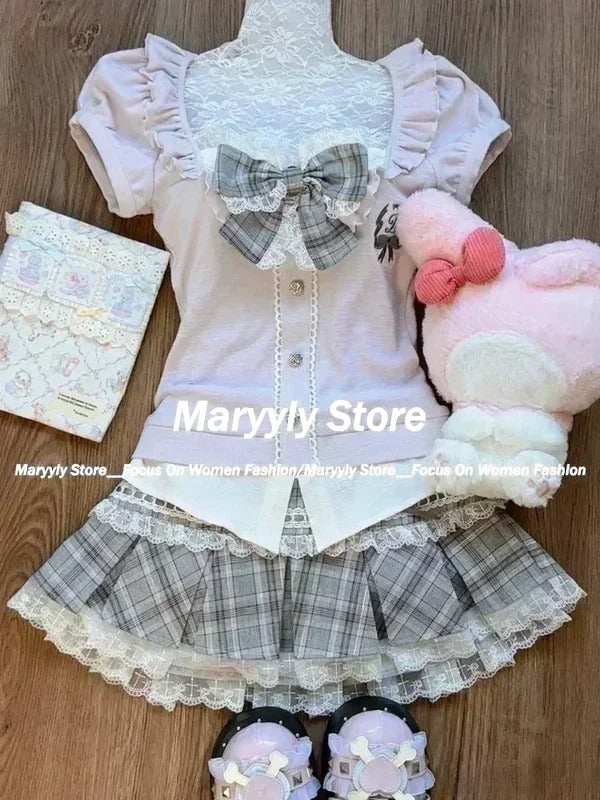 Japanese Sweet Preppy Style Skirt Set Women Kawaii Lace Patchwork Bow Tops + Y2k Plaid Mini Skirt Elegant Outifits 2 Piece Set