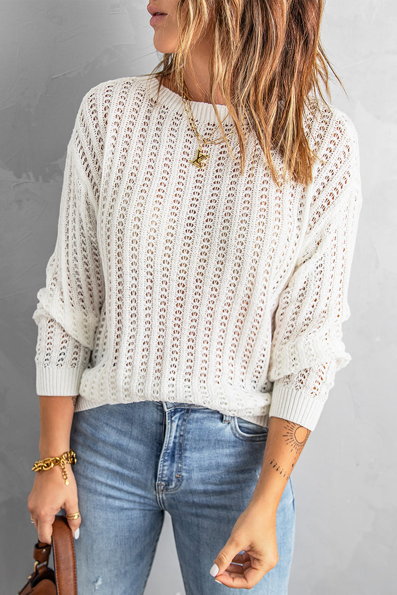 White Hollow-out Drop Shoulder Knitted Sweater