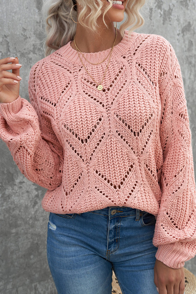 Pink Crewneck Balloon Sleeve Textured Knit Sweater