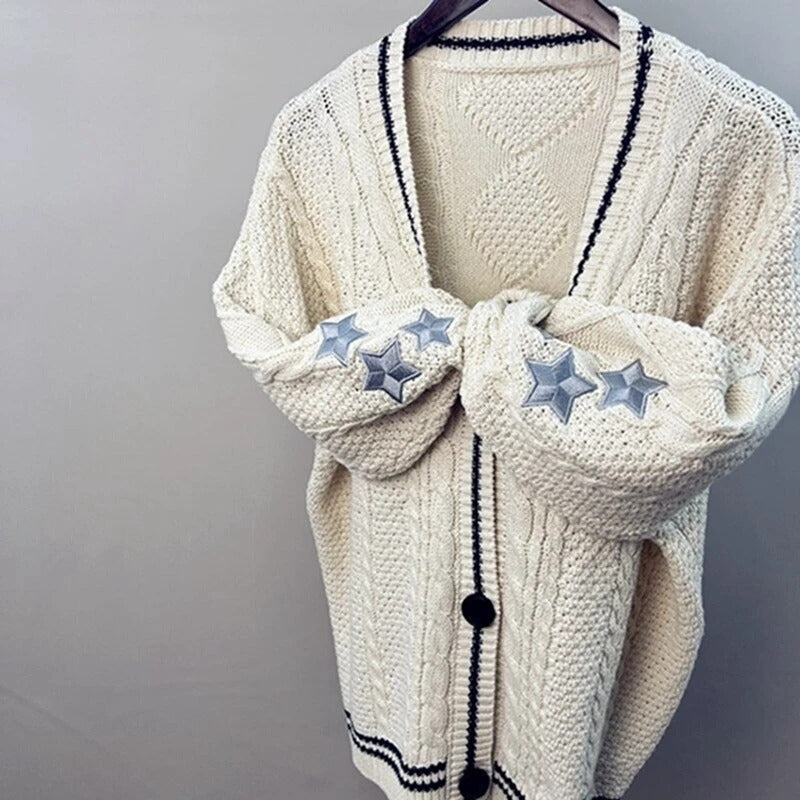 Knit Print Winter Cardigan Sweater Chic Vintage Star Preppy Long Sleeve Autumn V Neck Aesthetic Retro Single Breasted Sweaters