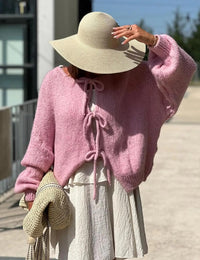 Womens Tie Front Bow Cardigan Sweaters Oversized Chunky Knit Cardigan Long Sleeve Open Front Loose Knitwears Bow Pink Tops