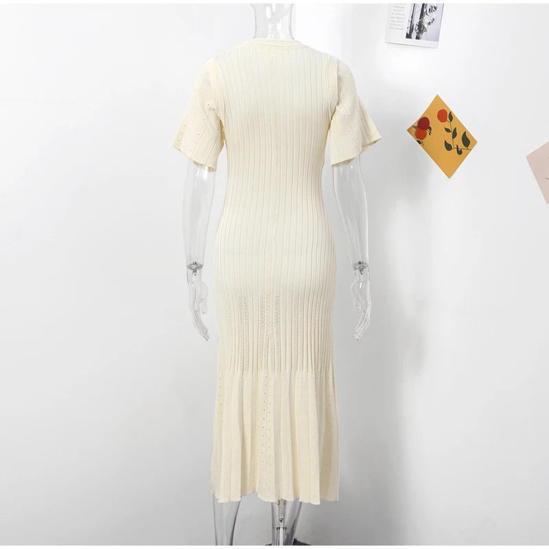 Elegant Knitted Ribbed Long Dress Women Slim Wave O-neck Short Sleeve Hip Package Dresses Female 2024 Summer Lady  Robe