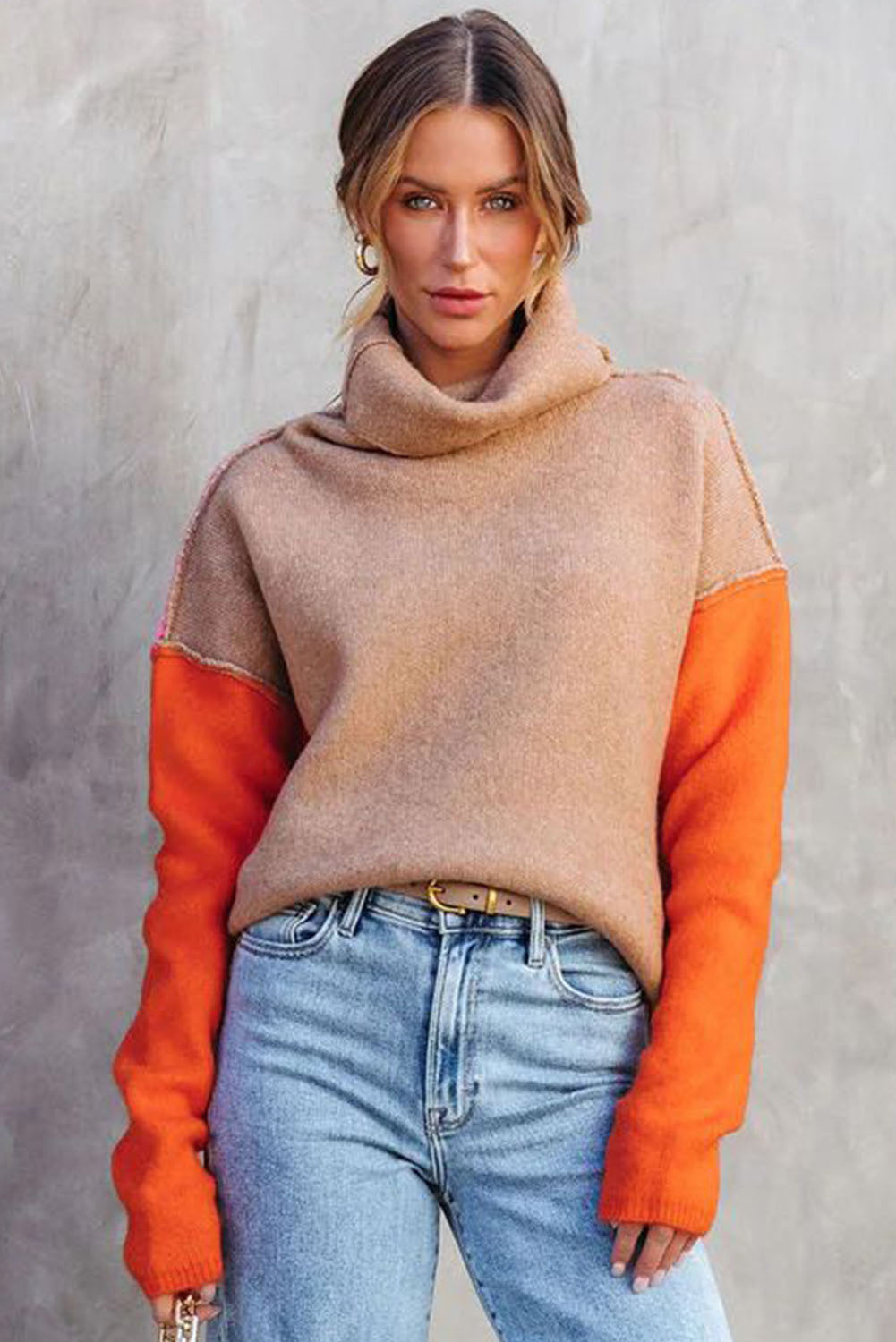 Clay Red Color Block Turtle Neck Drop Shoulder Knit Sweater