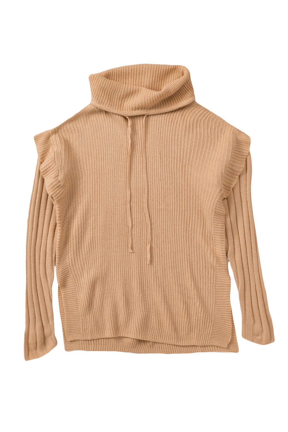 Khaki Cowl Neck Drawstring Patchwork Sleeve Sweater