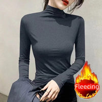 Plus Size Basic All-Match Women T-Shirt High Neck Casual Slim Fit Fleece Warm Autumn Winter Office Lady's Top Elegant Fashion