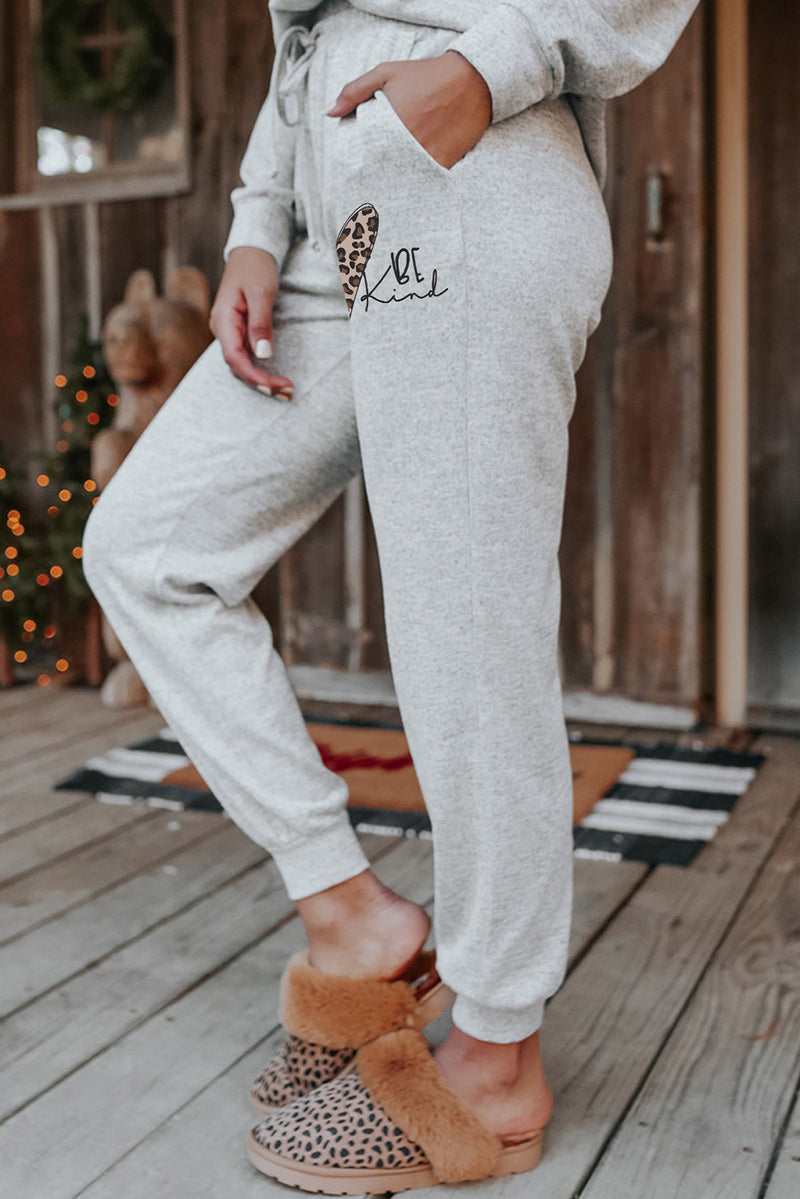 Gray BE Kind Leopard Heart Graphic Pullover and Joggers Lounge Set