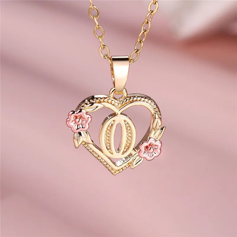 Female A-Z Letter Flower Pendant Necklace Yellow Gold Color Wedding Jewelry Gift For Women