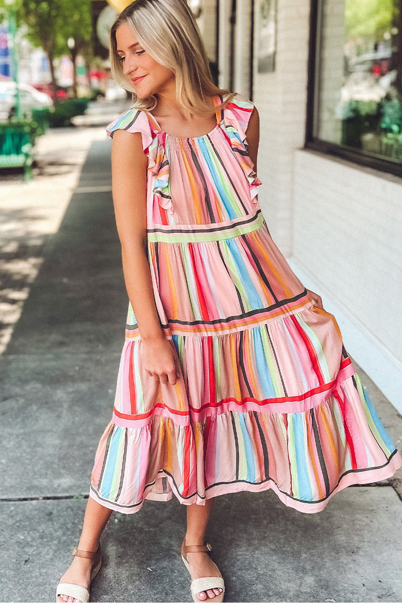 Women's Rainbow Stripe Ruffles Ruched Tiered Dress