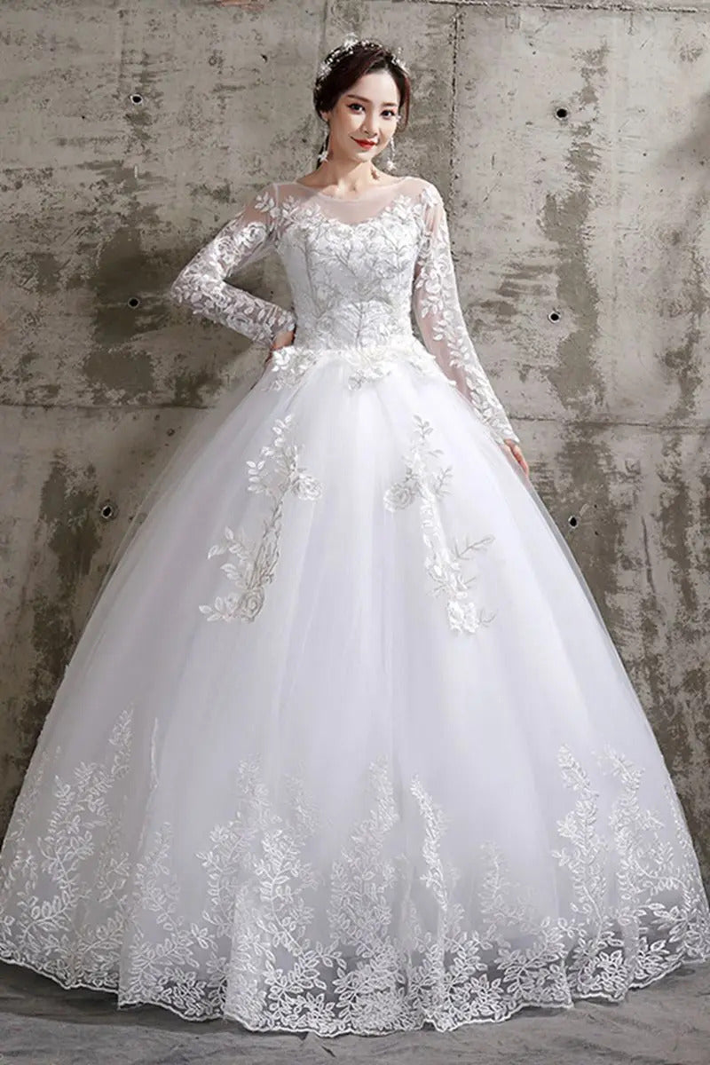 Customized Wedding Dress Style Bride Plus Size Flower Wedding Dresses Dreamy Full-sleeve Bridal Lace Up Dresses Ball Gowns