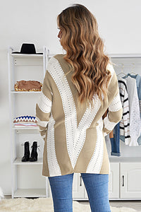 Gray Striped Colorblock V Neck Knitted Sweater