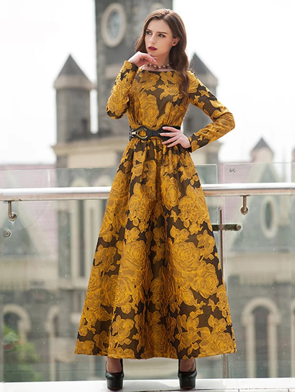 Elegant Women Floral Long Maxi Dress Jacquard Evening Party Boho Fall Winter Vintage Dress Ladies A-Line Robe