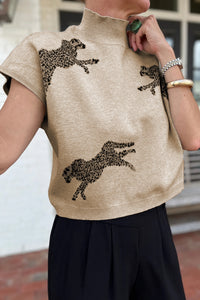 Black Lively Cheetah Pattern High Neck Short Sleeve Sweater