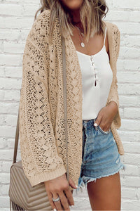 Apricot Hollow Out Knit Drop Shoulder Open Front Cardigan