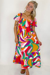 Abstract Print Square Neck Flowy Midi Dress