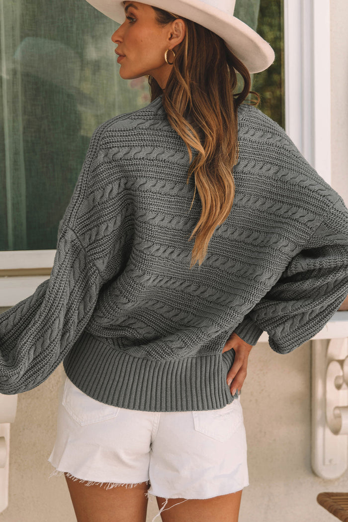 Gray Mock Neck Lantern Sleeve Cable Knit Sweater