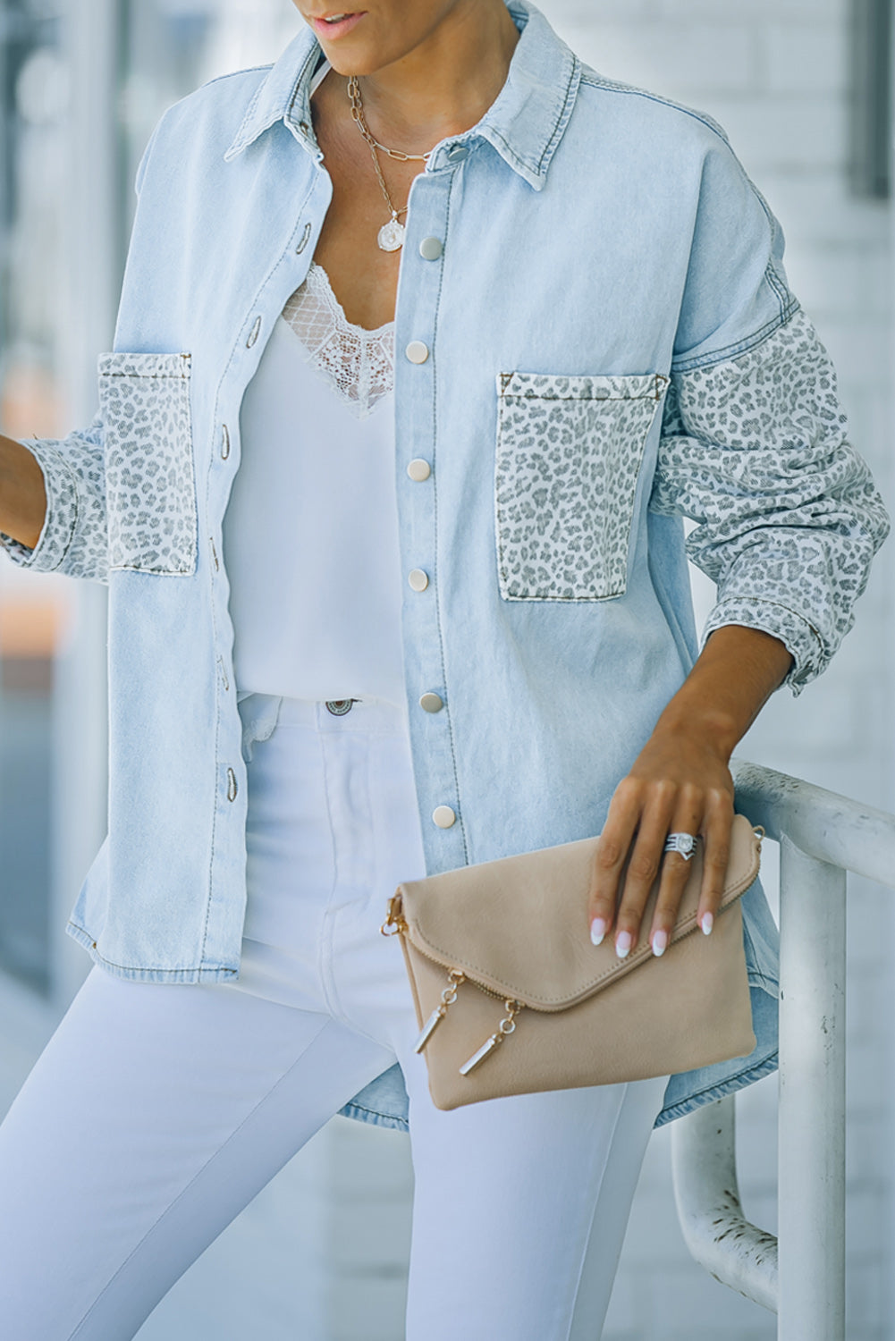 White Contrast Leopard Denim Jacket