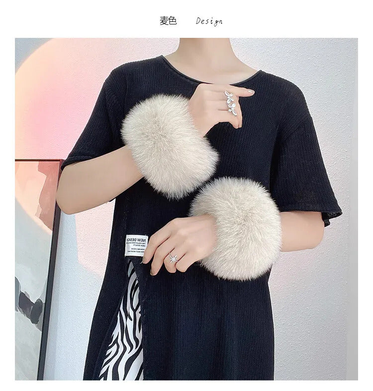 Natural Fox Fur Cuffs Wrist Arm Warmer Women Jacket Coat Sleeve Fur Triming Ladies Bracelet Real Fur Wristand Glove Snap Ring