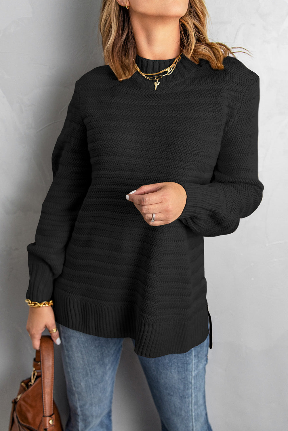 Black Solid Color Stand Collar Textured Sweater