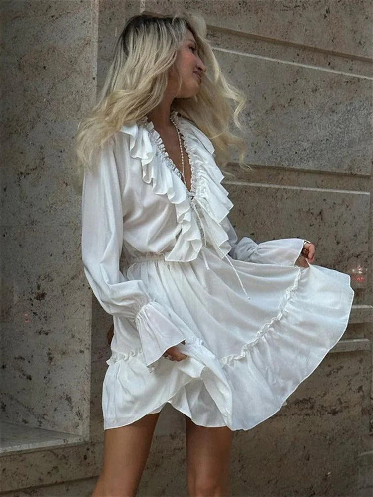 Ruffled V-Neck White Mini Dress Female Patchwork Long Sleeve Elegant Bandage Fashion Dress High Waist Lace-Up Women Dress