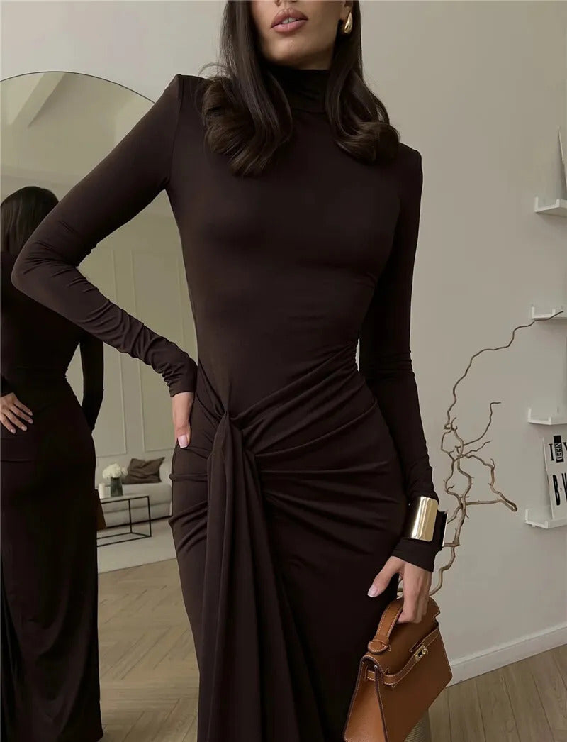 Mozision Turtleneck Thigh High Split Sexy Maxi Dress For Women Fashion Long Sleeve Draped Bandage Bodycon Club Long Dress