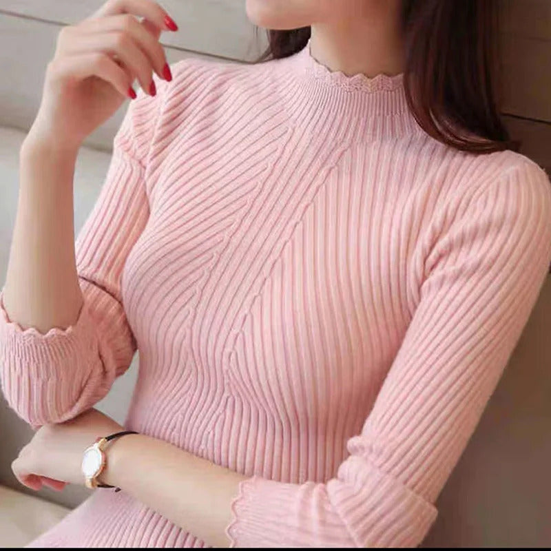 EVNISI Autumn Women Mock Neck Ruffles Sweater Long Sleeve Knitted Bottoming Solid Pullovers Stripe Women Casual Sweater Winter