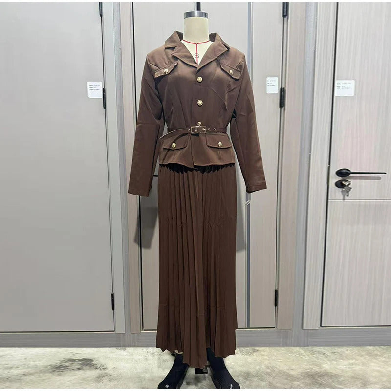 Elegant Women's Two Pieces Set Single-breasted Lapel Large Size Coat Belt Pleated Midi Skirt Suit 2025 Lady New In Matching Sets