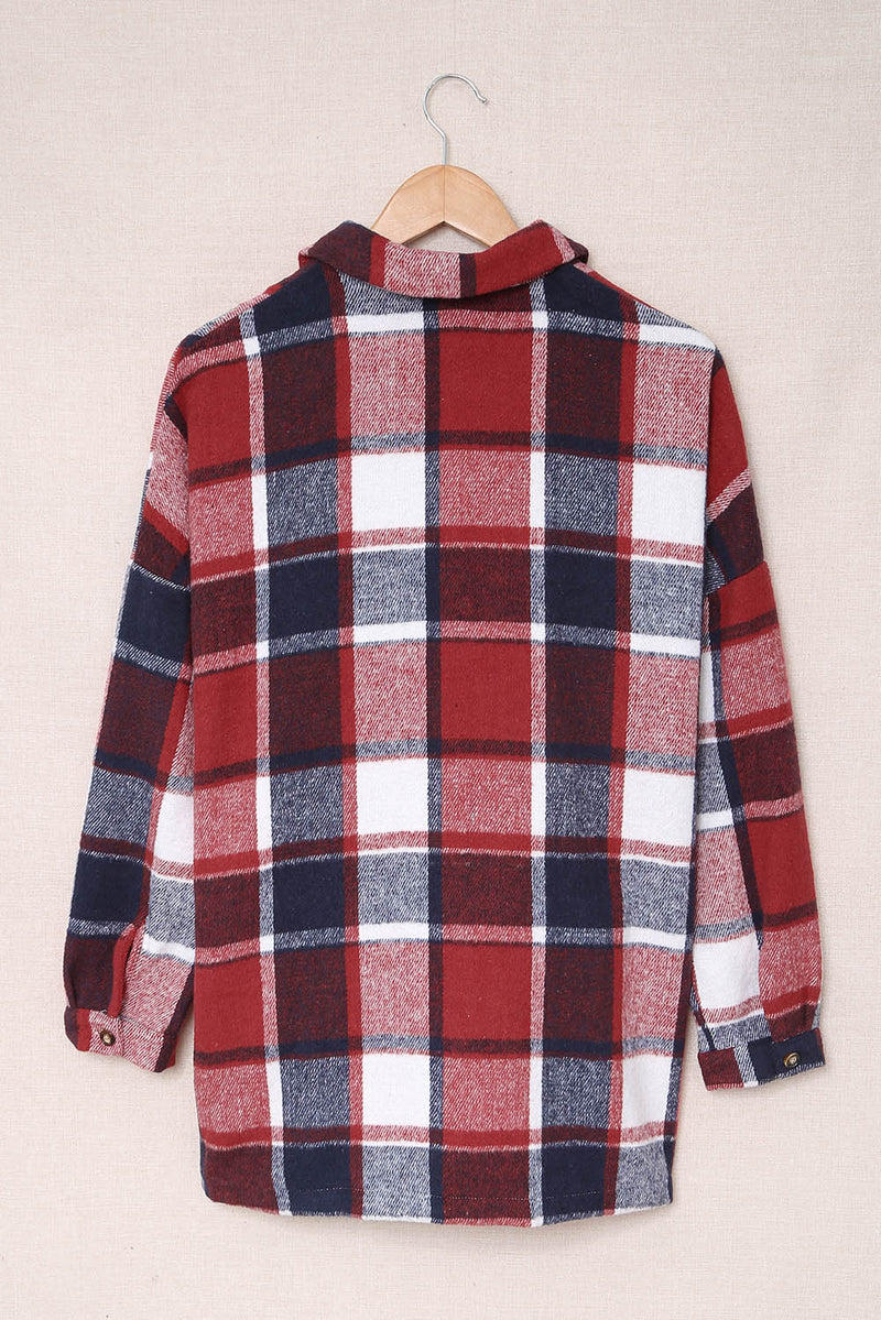 Fiery Red Plaid Print Buttoned Shirt Jacket