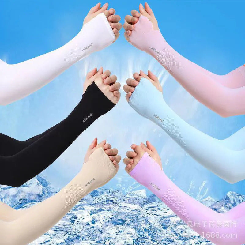 1 Pair Summer Long Ice Silk Arm Sleeves Sun UV Protection Hand Protector Cover Sunscreen Outdoor Elastic Half Finger Gloves Set