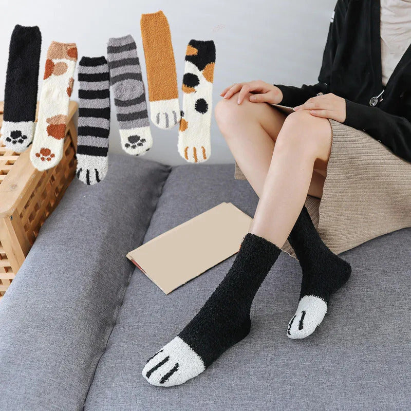 Women Winter Warm Fluffy Socks Cute Animal Claw Cat Paw Footprint Fuzzy Socks Female Thick Coral Fleece Home Floor Sleep Socks