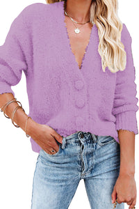 Purple V Neck Buttoned Open Front Sweater