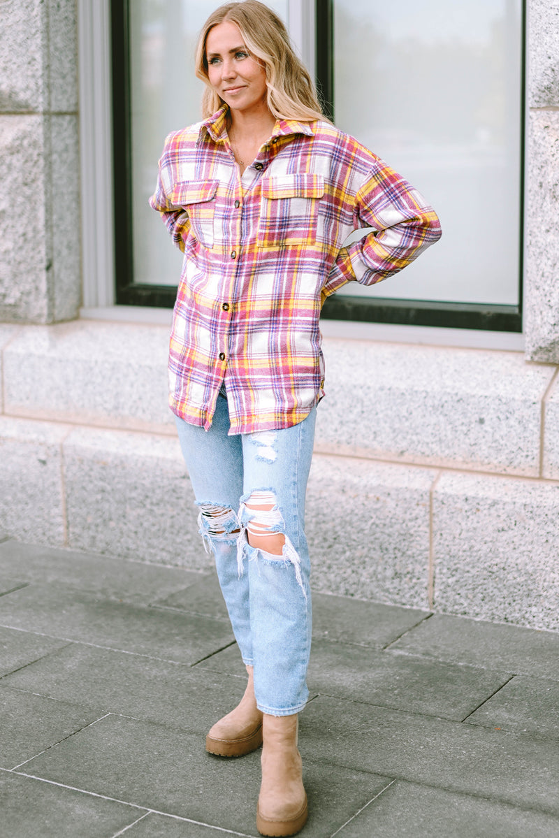 Red Plaid Print Rounded Hem Shirt Jacket