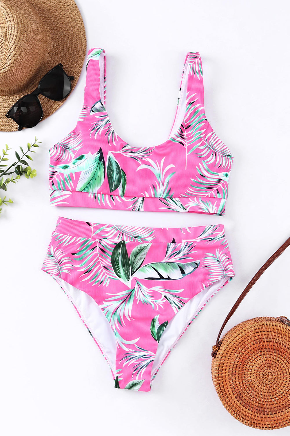 Rose Scoop Neck Tropical Ribbed High Waist Bikini