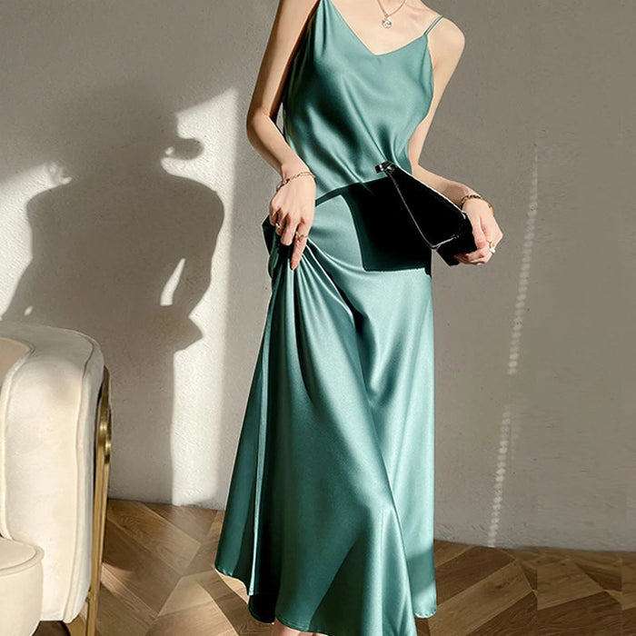 Vintage Satin Women's Dress Summer Sexy Spaghetti Strap Long Party Maxi Dresses Midi Robe Female Clothing