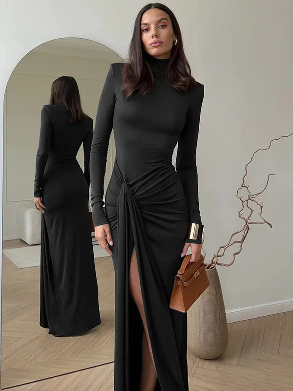 2024 Fashion Turtleneck Thigh High Split Sexy Maxi Dress For Women Fashion Long Sleeve Draped Bandage Bodycon Club Long Dresses