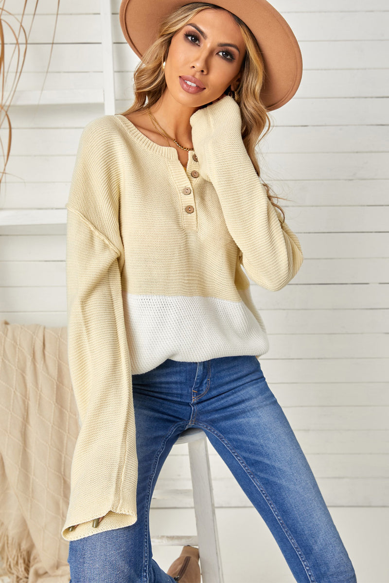 Brown Splicing Buttoned Knitted Long Sleeve Sweater