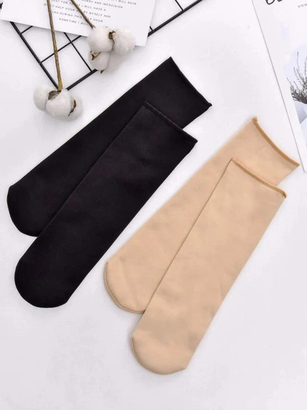 2 Pairs Women Autumn Winter Thick Lined Snowfield Socks Classic Solid Color Anti Pilling Warm Sweat Absorbing Casual Socks