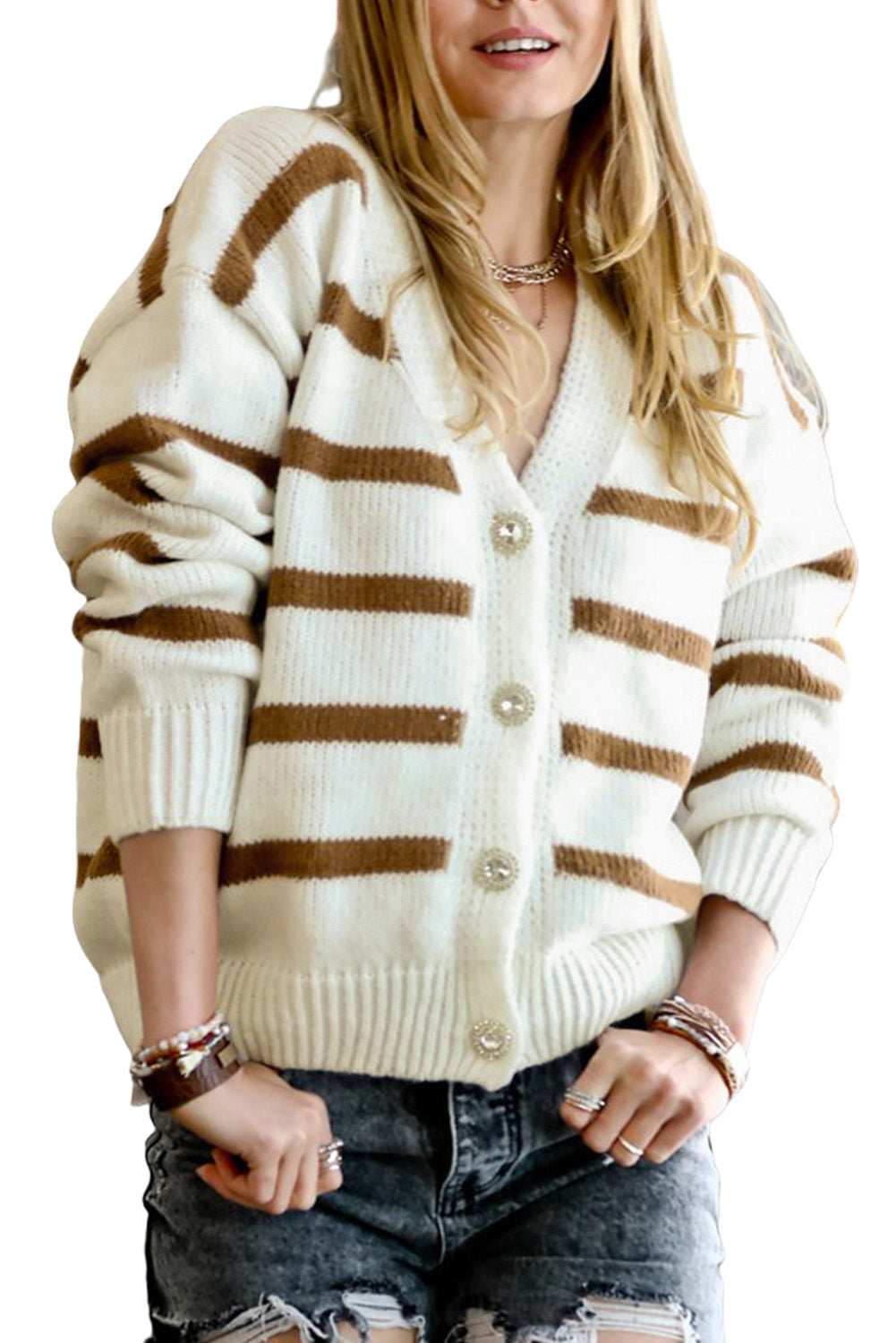 White Striped Knit V Neck Sweater Cardigan