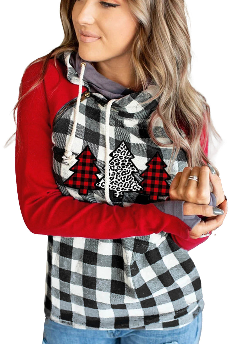 Christmas Tree Plaid Pattern Asymmetric Zip Hoodie