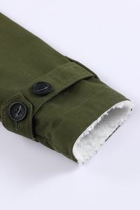 Green Gray Lapel Collar Button Fleece Jacket