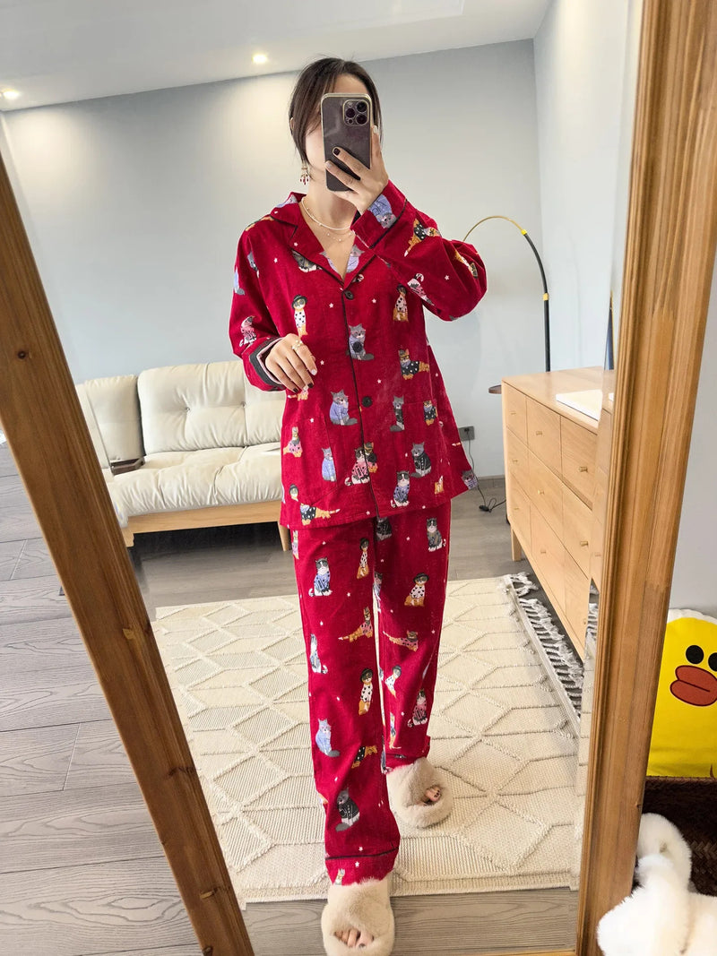 100% Cotton Pajamas for Women Loose Cartoon Long Sleeve Pants Loungewear Women 2 Piece Set Pj Women Outfit Sleepwear Set Pijamas