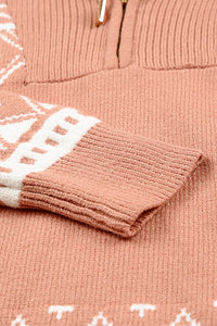 Pink Geometry Knit Quarter Zip Sweater