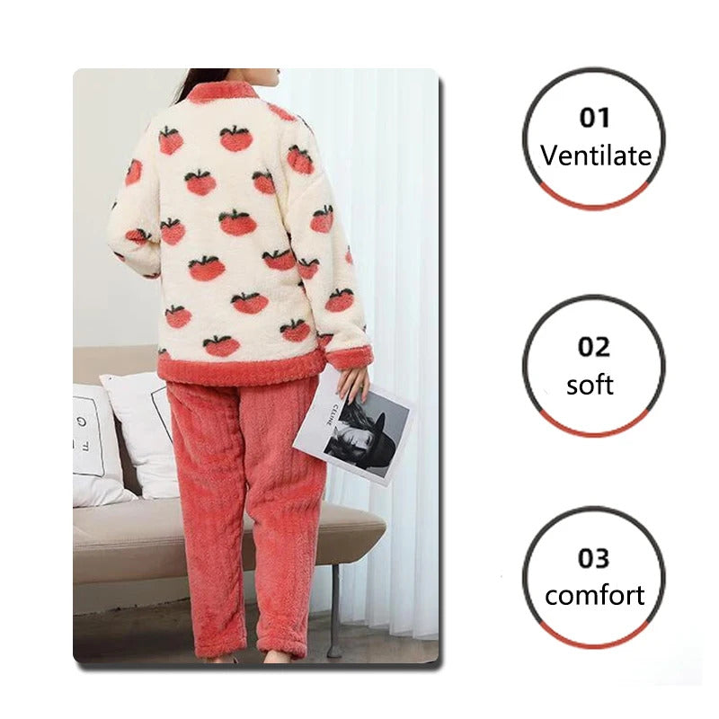 Padded and Thickened Warm Flannel Women Pajamas Loungewear Winter Peach Sleepwear Homewear Coral Velvet Two-Piece Set Nightwear